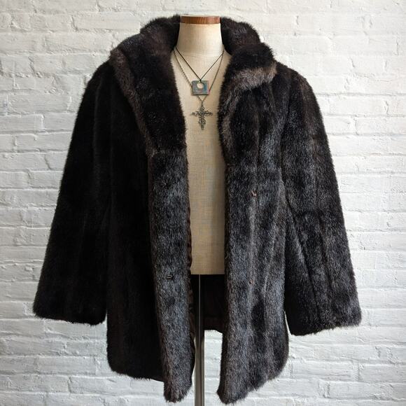 Vintage Brown Faux Fur Coat Plush Minimalist Mob Wife Fuzzy Glam Goth Jacket - Picture 7 of 10